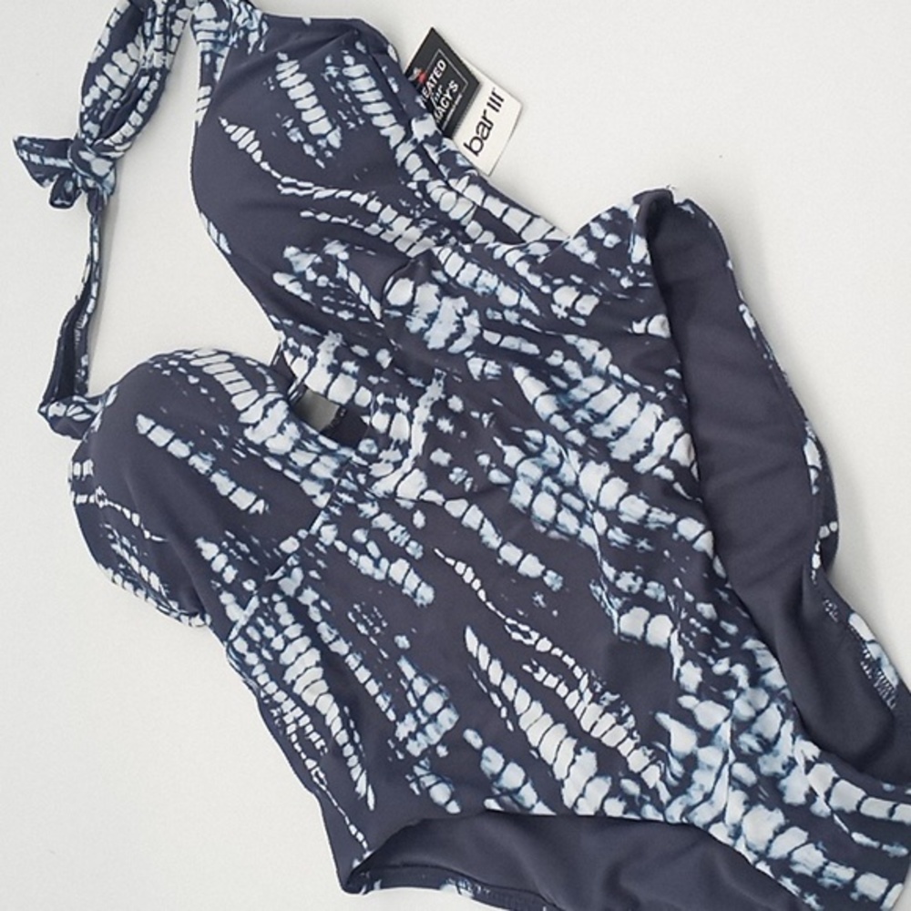 Bar III Inkwell Tie Dye Plunging V-Neck One-Piece Swimsuit Blue M